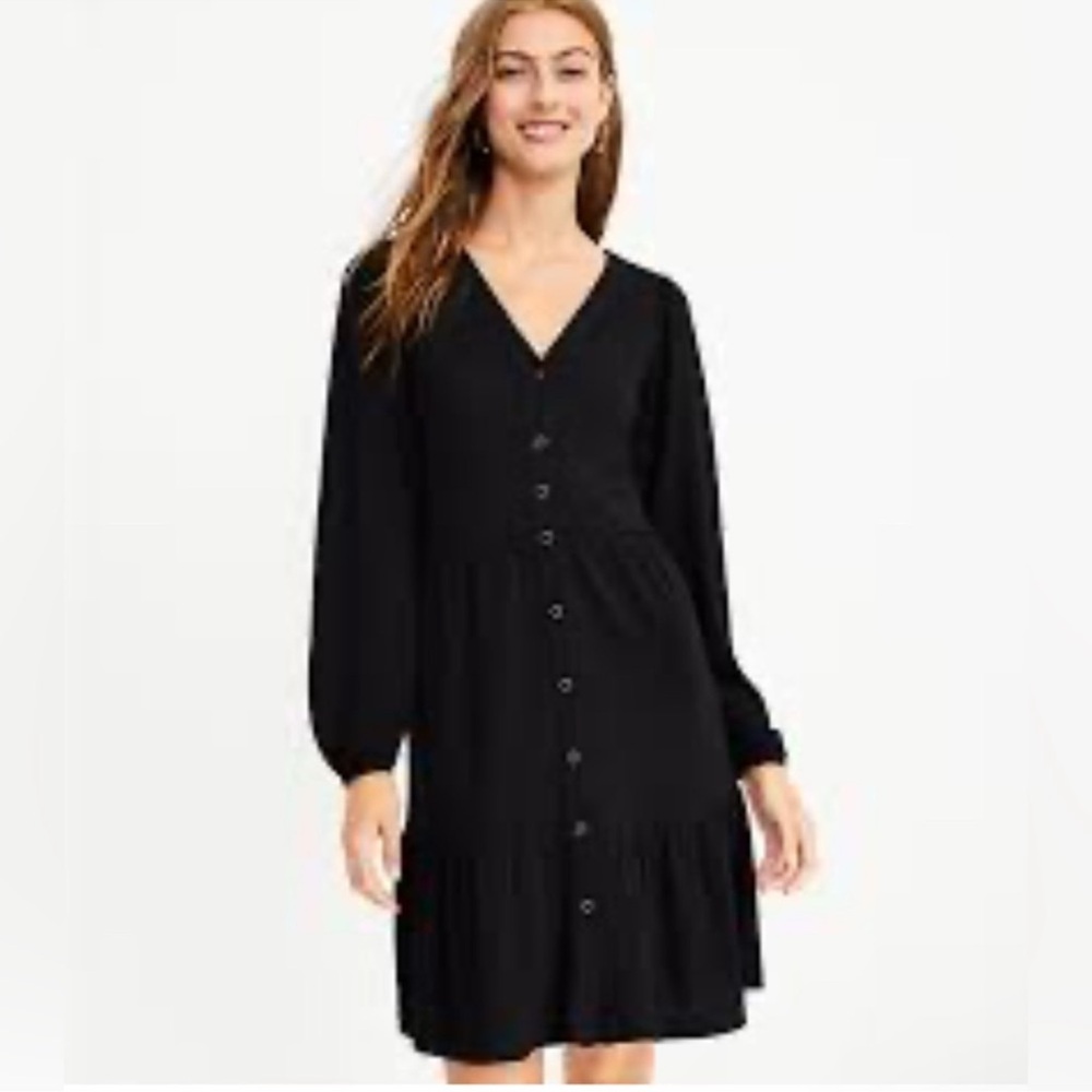 NWT LOFT Jersey V Neck Women’s Shirt Dress Button down A Line Black